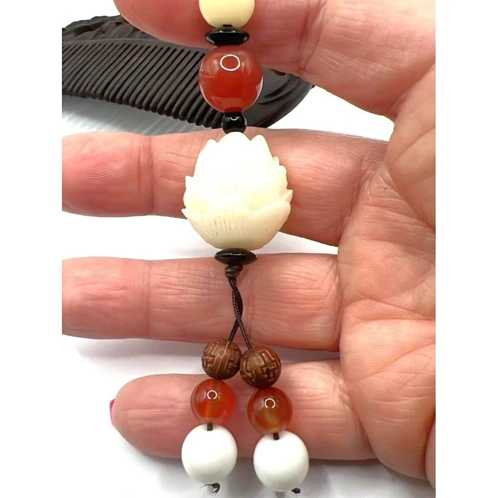 Hand‑Carved Wooden Comb w/ Engraved Cherries & Beaded Tassel